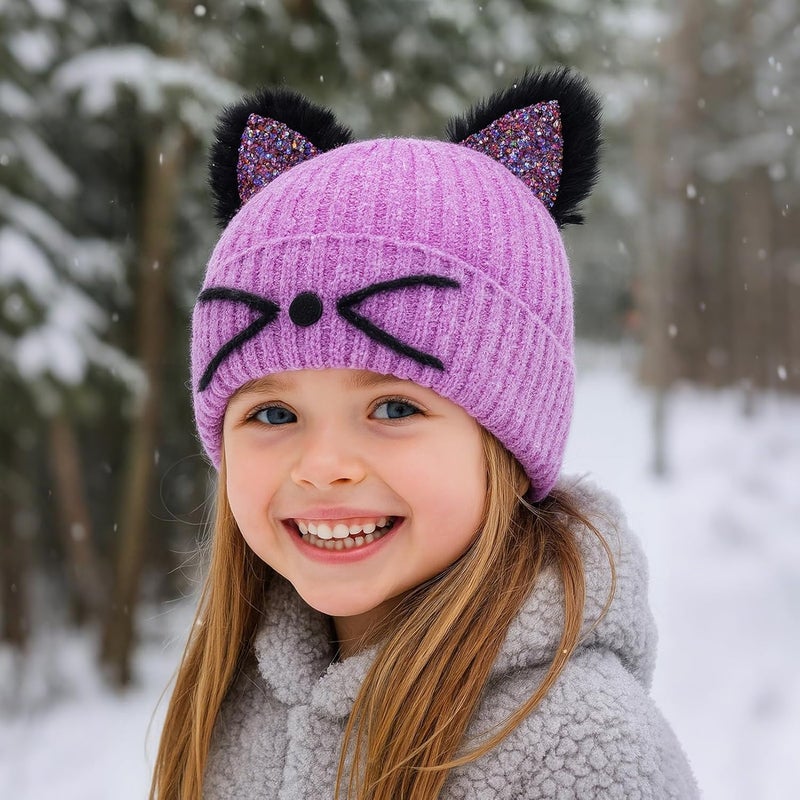 ACTLATI Little Girls Sequin Cat Ears Hats Cute Warm Knit Beanie Hat for Kids Winter Outdoor Snow Ski Skull Cap 3-8 Years - Image 3